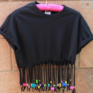 Black fringe beads colorful crop top